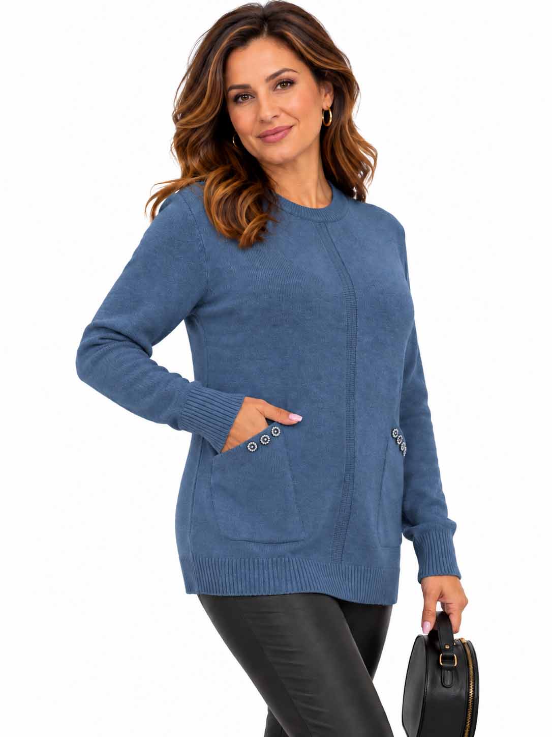 SWETER TANIA dłuższy z kieszeniami jeansowy - obrazek 4