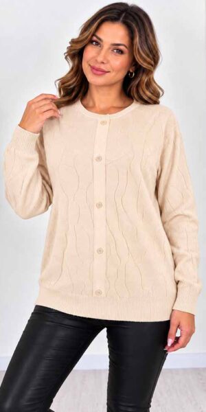 ELEGANC SWETER z ozdobnym splotem i guzikami morela