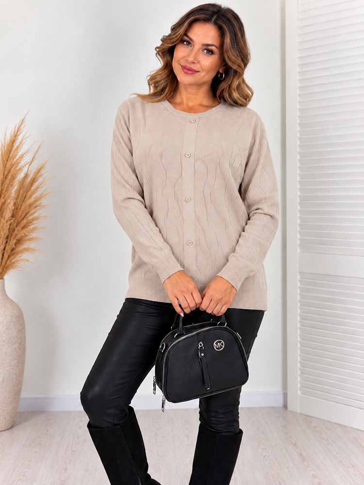 ELEGANC SWETER z ozdobnym splotem i guzikami jasny beżowy - obrazek 2