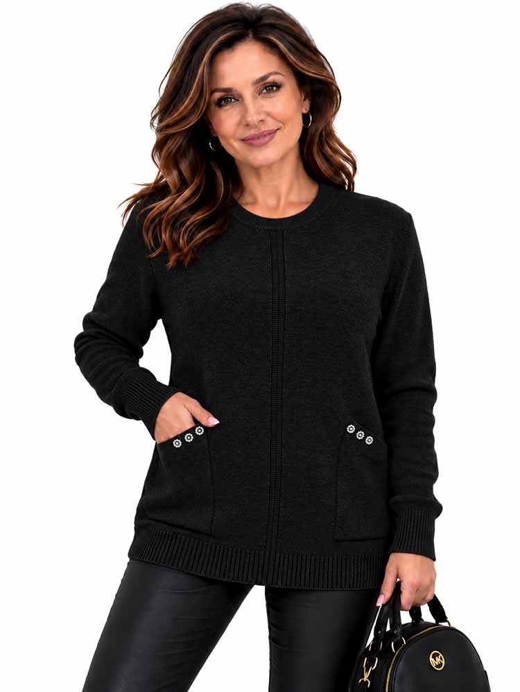 SWETER TANIA dłuższy z kieszeniami czarny