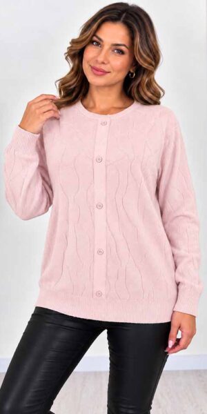 ELEGANC SWETER z ozdobnym splotem i guzikami puder