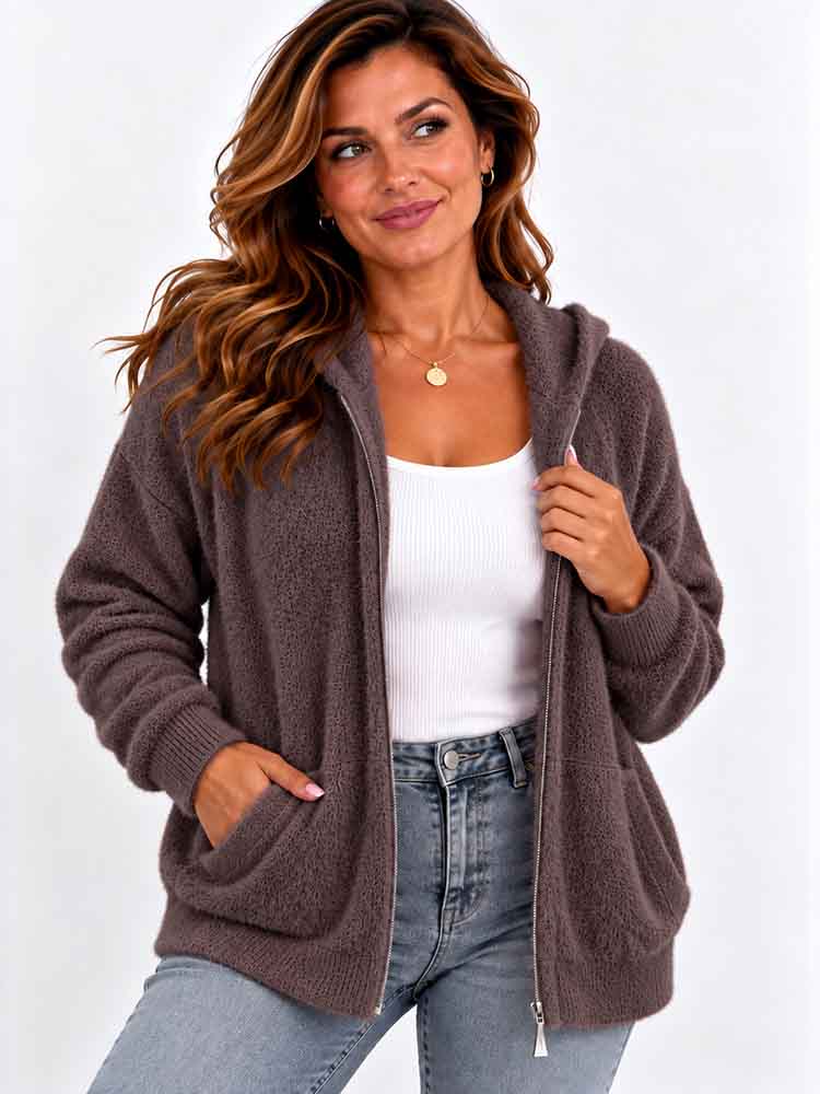 SOFT SWETER miękka bluza z kapturem , włochacz czekolada - obrazek 4
