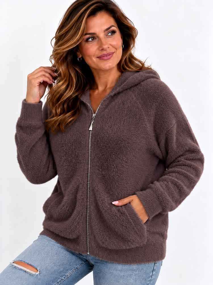 SOFT SWETER miękka bluza z kapturem , włochacz czekolada - obrazek 2