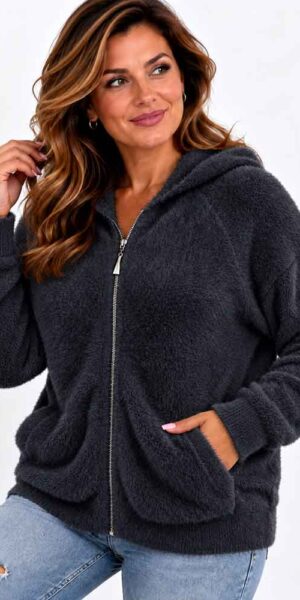 SOFT SWETER miękka bluza z kapturem , włochacz czarny