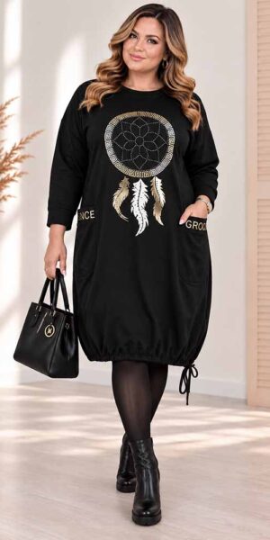 BAWEŁNIANA SUKIENKA ESTERA czarna z łapaczem snów plus size