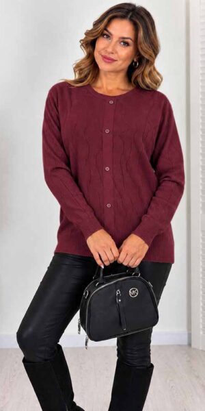 ELEGANC SWETER z ozdobnym splotem i guzikami bordo