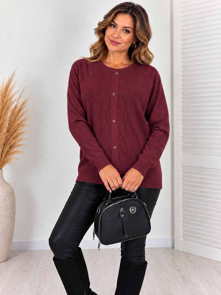 ELEGANC SWETER z ozdobnym splotem i guzikami bordo