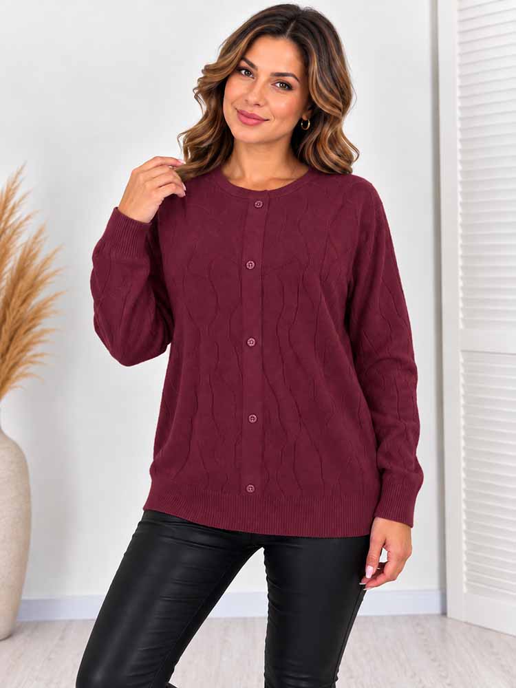 ELEGANC SWETER z ozdobnym splotem i guzikami bordo - obrazek 2