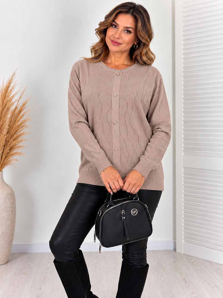 ELEGANC SWETER z ozdobnym splotem i guzikami kakao - obrazek 2